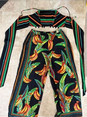 FARM Rio Black Wide Leg Pants & Halter Set with Multicolor Banana & Leaf Print